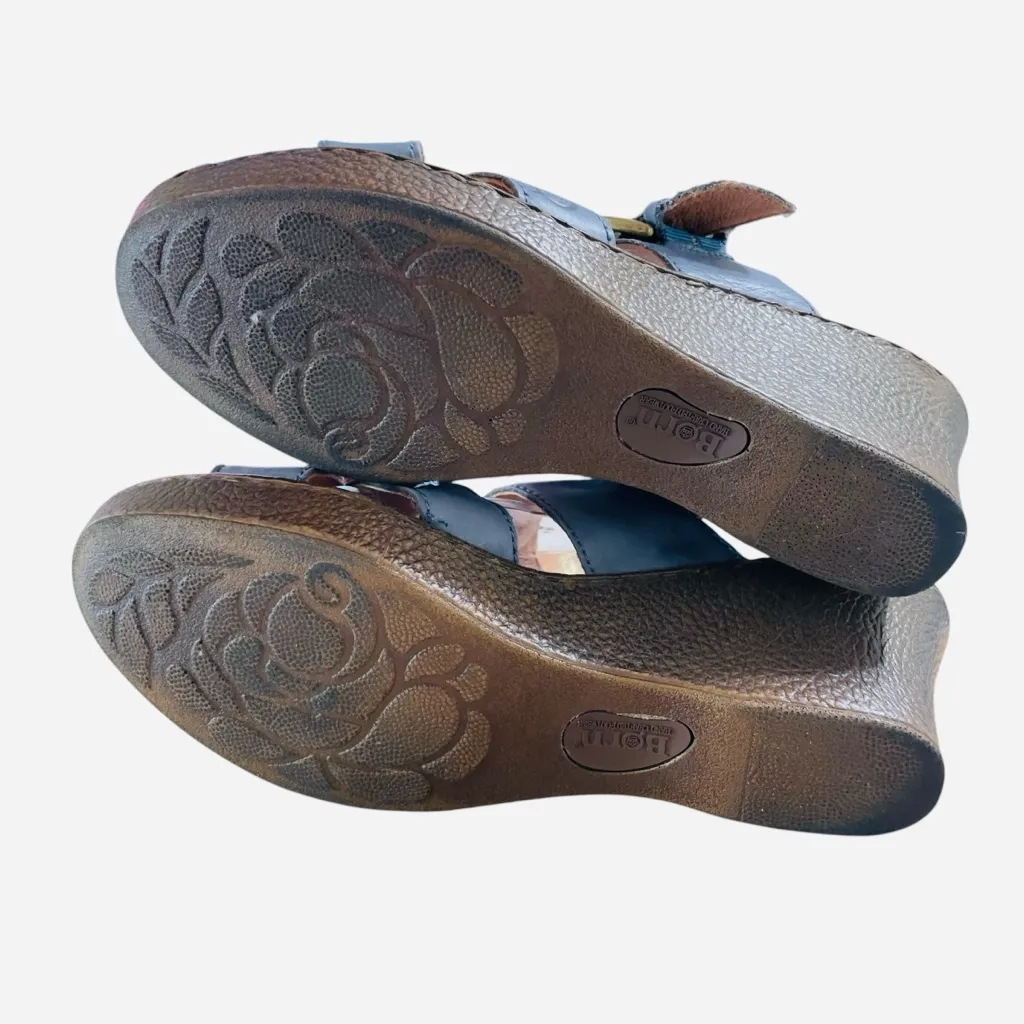 Born Wedge Sandals Womens Size 9 M Blue Leather Strappy Buckle Comfort Shoes - Image 9
