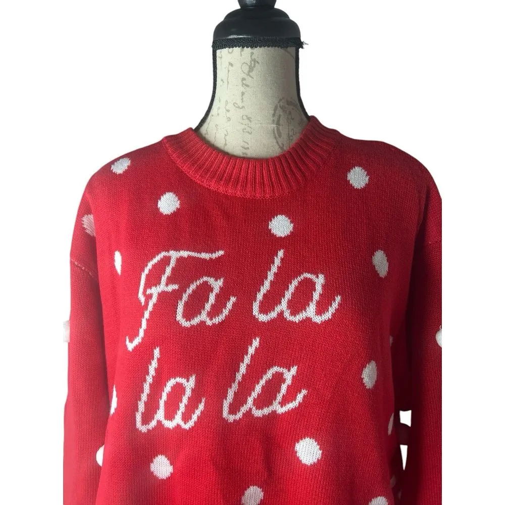 Mighty Fine Womens Christmas Sweater Size‎ XLarge Red Polka Dots, Fa La La La - Image 2