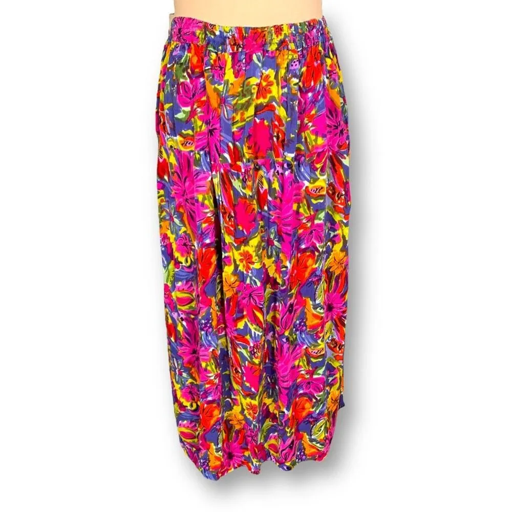 Vintage 90s Maxi Skirt Multicolored Tropical Floral Design Tiered Tie Front Pink Size L - Image 3