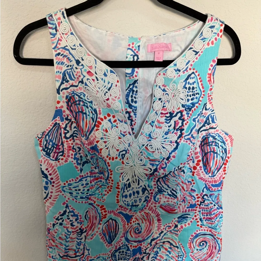 Lilly Pulitzer Gabby Shell Me About It Shift Dress Size 10 Turquoise Blue Coral - Image 3