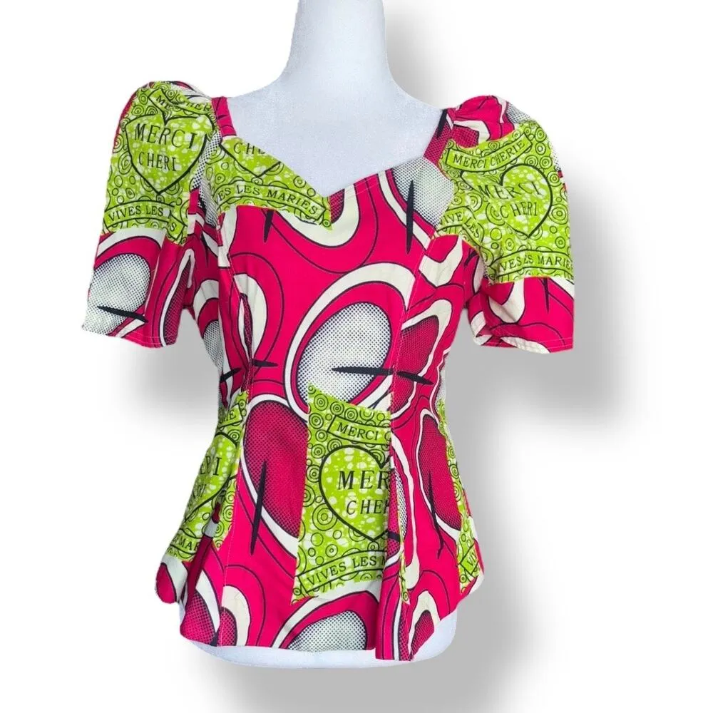 Vintage Handmade Merci Cheri Wax Print Top Heart Zipper Pull Sweetheart Neckline Pink Size 6 - Image 2