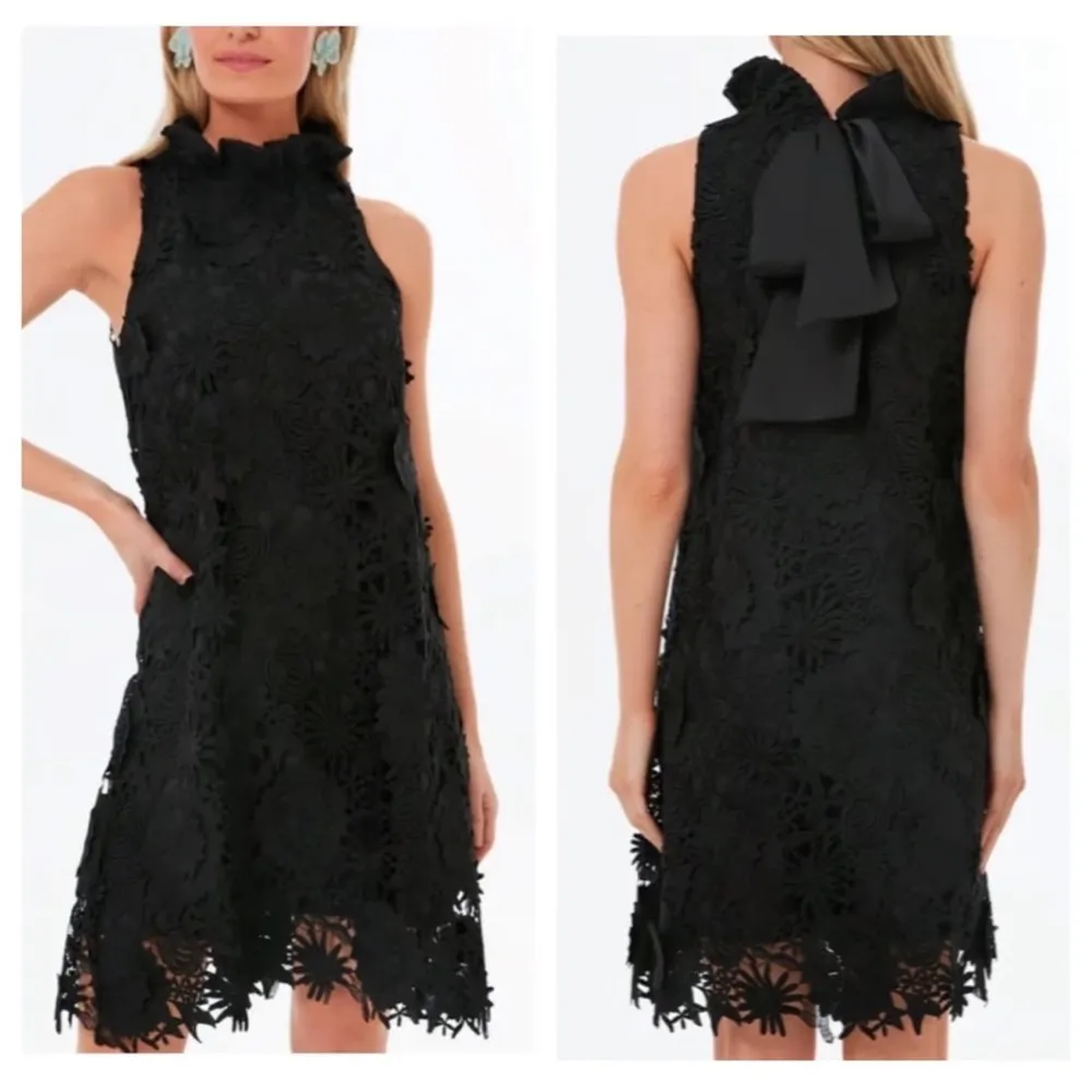 Tuckernuck Guipure Lace Blythe Dress bow mini sleeveless black tie ruffle neck - Image 2
