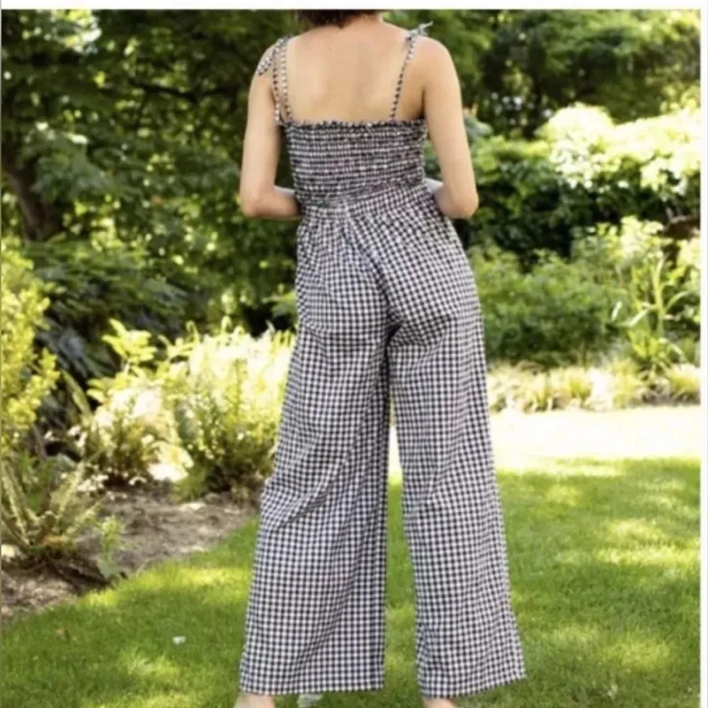 Sincerely Jules Black/White Gingham Wide Leg Jumpsuit Pockets Size Medium Black - Image 2
