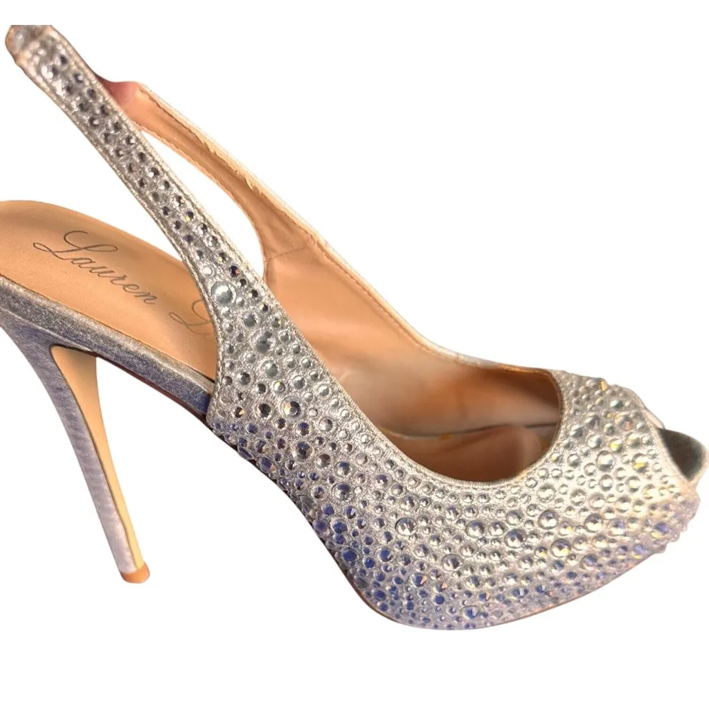 Audrey Brooke Size 11 Rhinestone Stilettos Peep-Toe Slingback Silver - Image 10