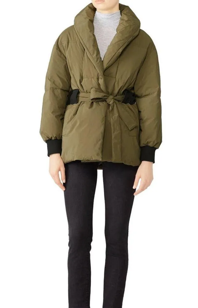 Dayma Down Puffy Coat Olive Green Belted Puffer Jacket Warm Comfy Sz 3 L - Image 4