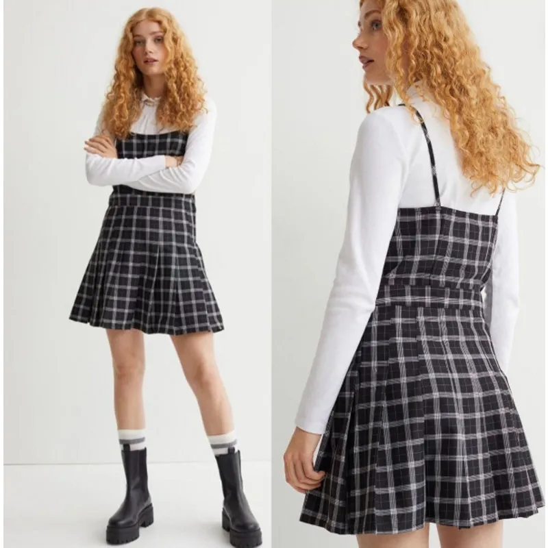 NWT H&M Womens School Girl Academia Plaid Sleeveless‎ Mini Dress Pinafore Size S - Image 2
