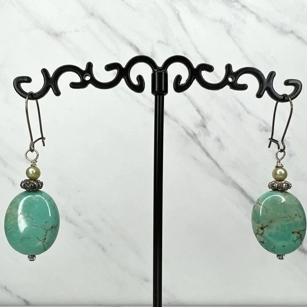 Silver Tone Faux Turquoise Beaded Dangle Earrings Pierced Pair - Image 3