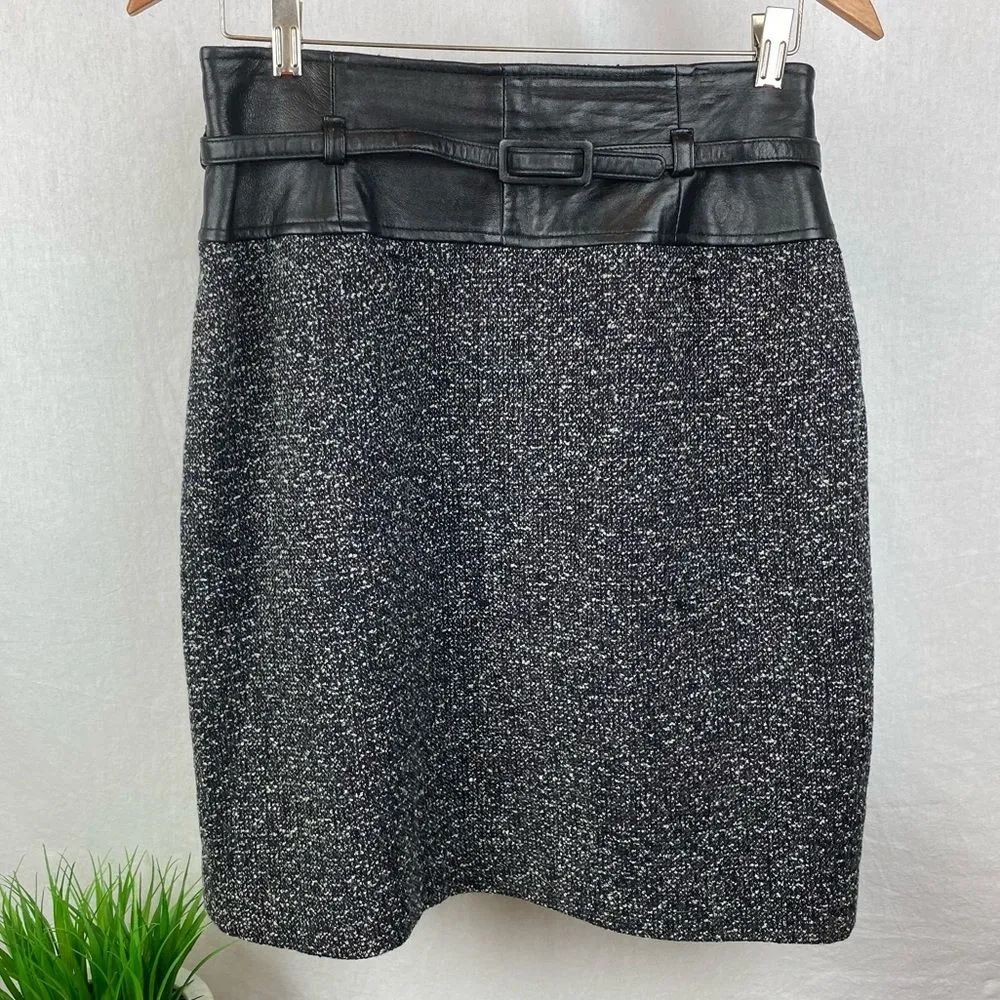 Anne Klein Black & Gray Wool Woven Knot Leather Belted Waistband Skirt 10 - Image 2
