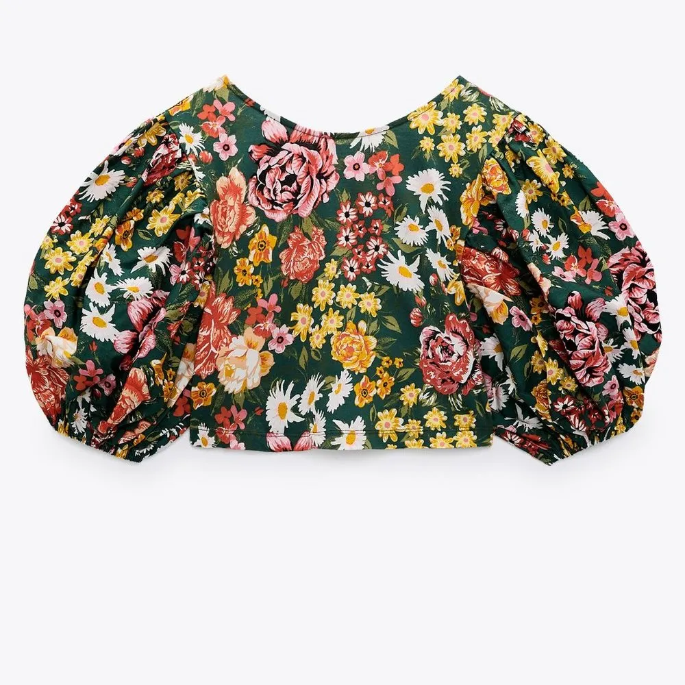 NWT ZARA  100% COTTON Floral Print Cropped Puff Sleeves Top - Image 5