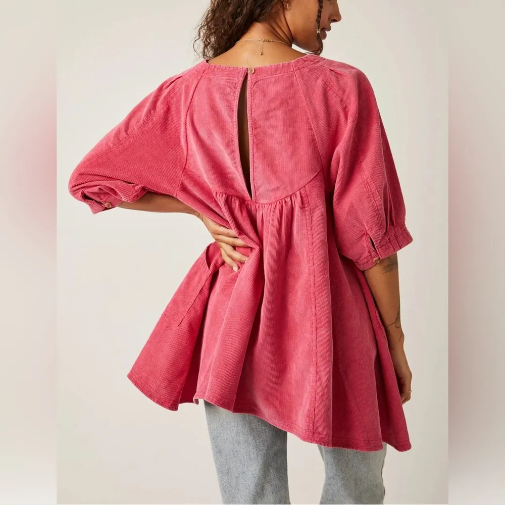 Free People Women's XS Pink Corduroy Puff Sleeve Tunic Top - Image 5