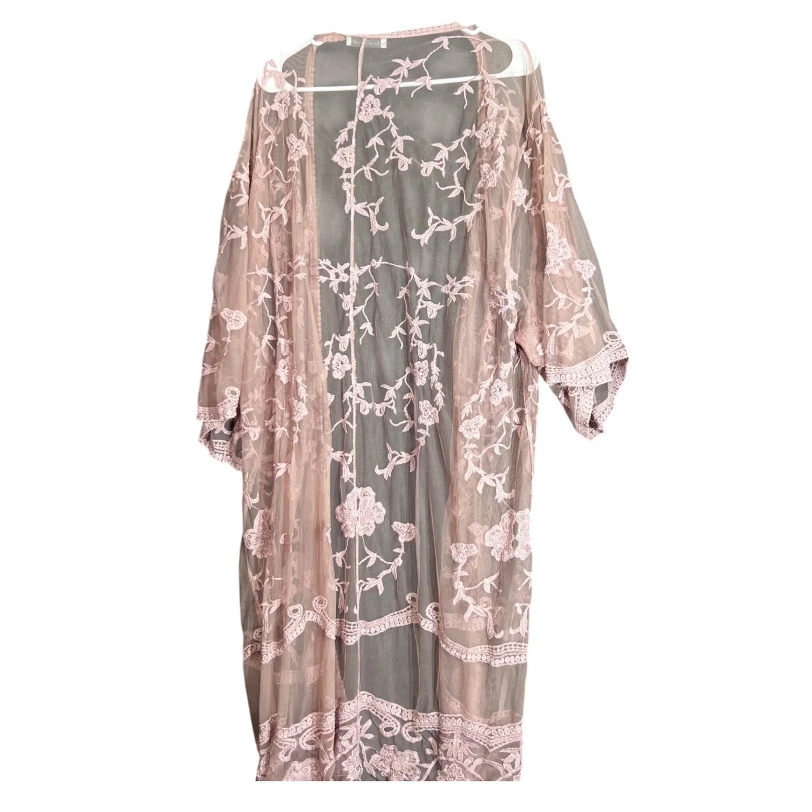 Keren Hart Floral Lace Kimono Duster Cardigan Robe Womens 2X Pink Sheer Boho - Image 3