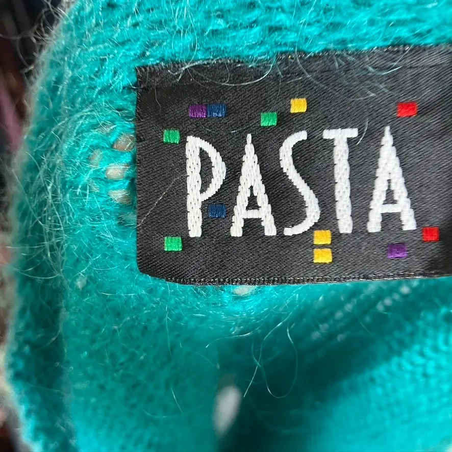 Vintage PASTA Cardigan Sweater Large‎ Mohair Blend Teal Green Floral Knitwear - Image 3