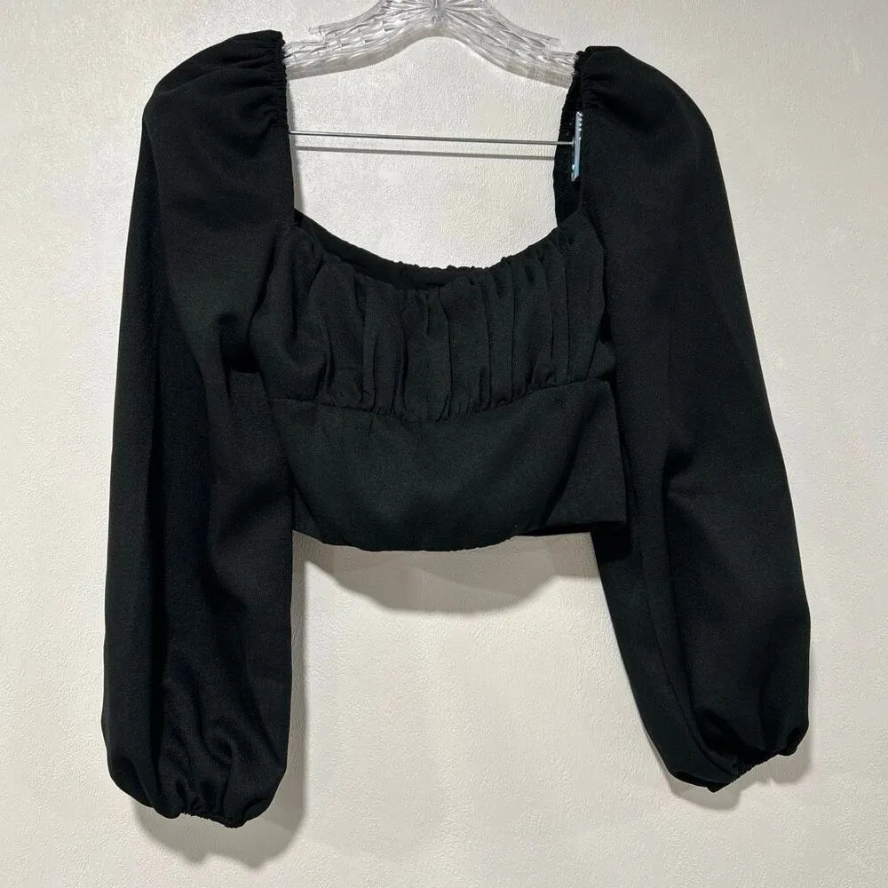 Princess Polly Black Puff Sleeve Crop Top US 4 Square Neck Long Sleeve - Image 2