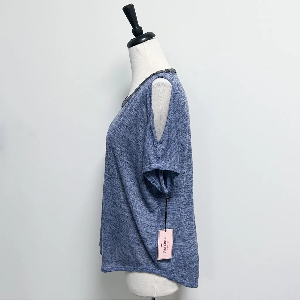 Juicy Couture Kohls Heather Dusty Blue Cold Shoulder Beaded Neck Knit Hi Lo Top - Image 4