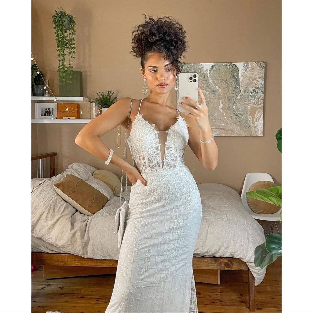 LULU’S Wonderstruck White Glitter Lace-Up Embroidered Lace Maxi Dress - Image 3