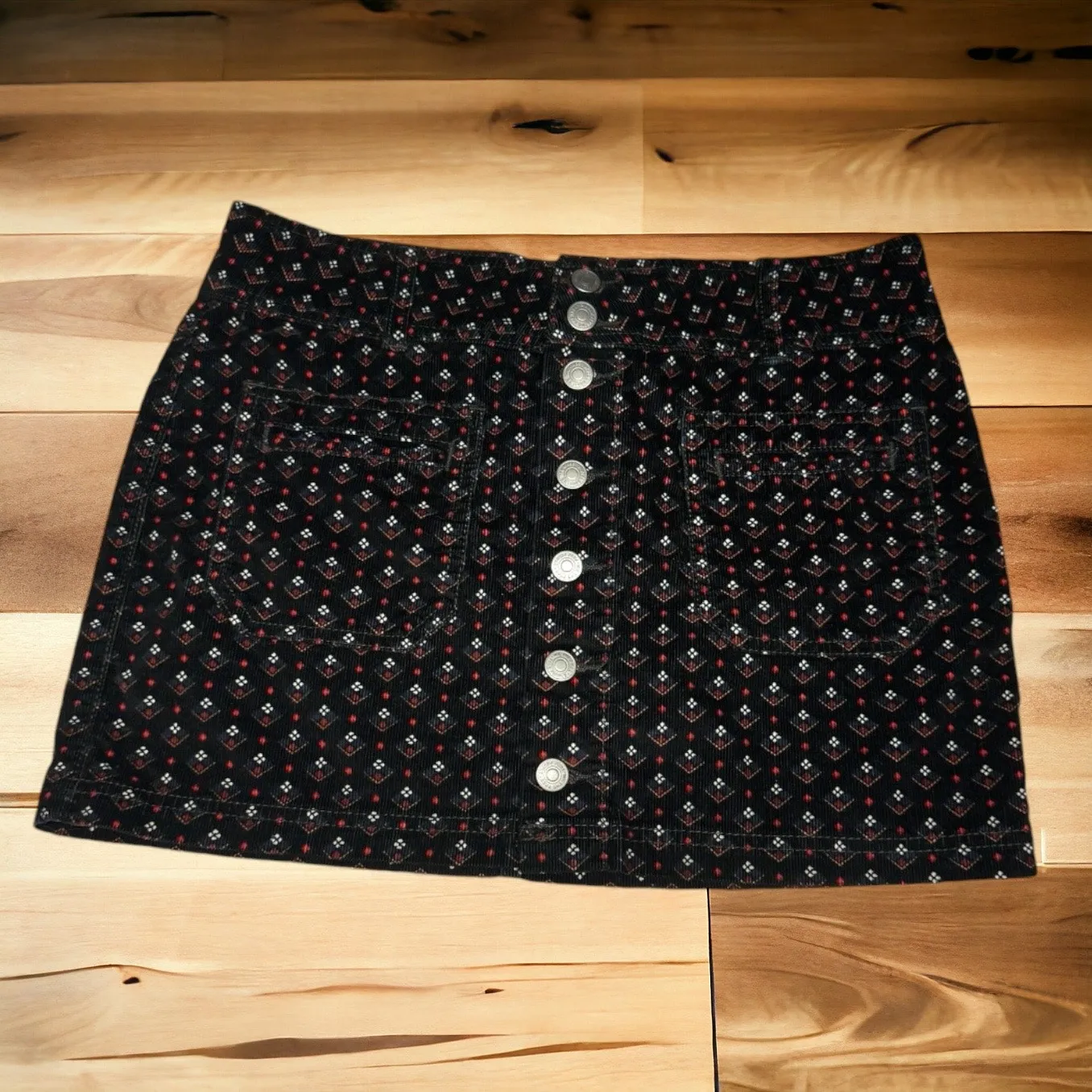 We the Free People Womens Skirt‎ Sz 29 Black Print Joanie Corduroy Mini Buttons - Image 7