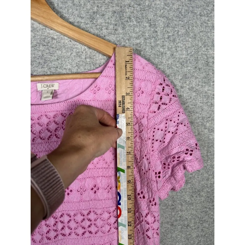 J. Crew Size 8 Womens Top Pink Lace Style Boho Short Sleeve Blouse Round Neck - Image 12