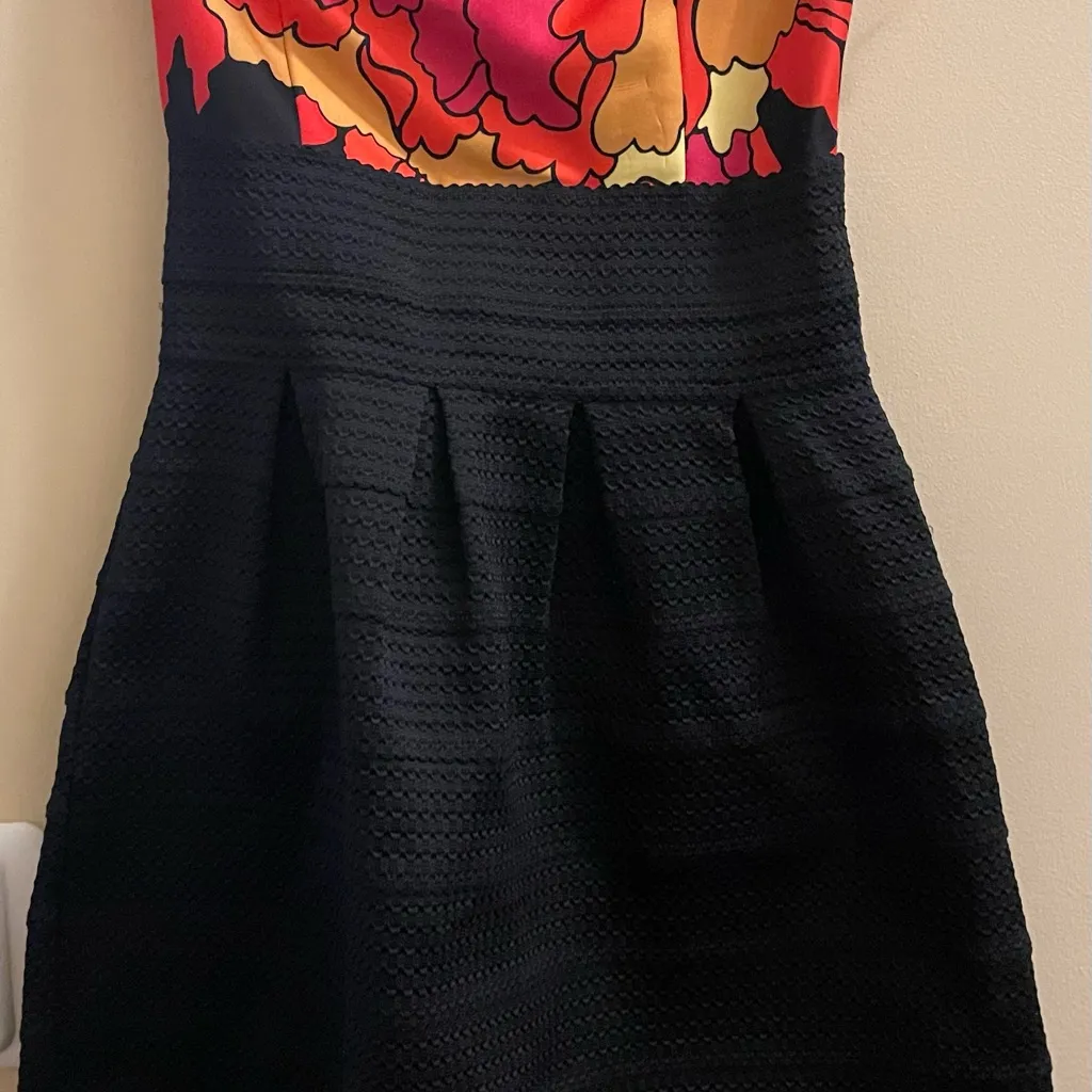 New York & Company Strapless A Line Black Floral Print Textured Pleated Women XS - Image 3