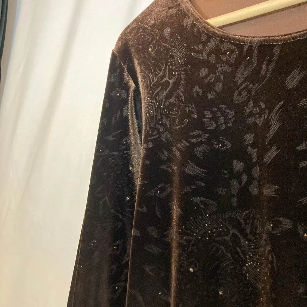 Vintage Madrid Spain Kuem Ha Brown Velvet Bedazzle Leopard Long Sleeve Shirt Top Size 12 - Image 6