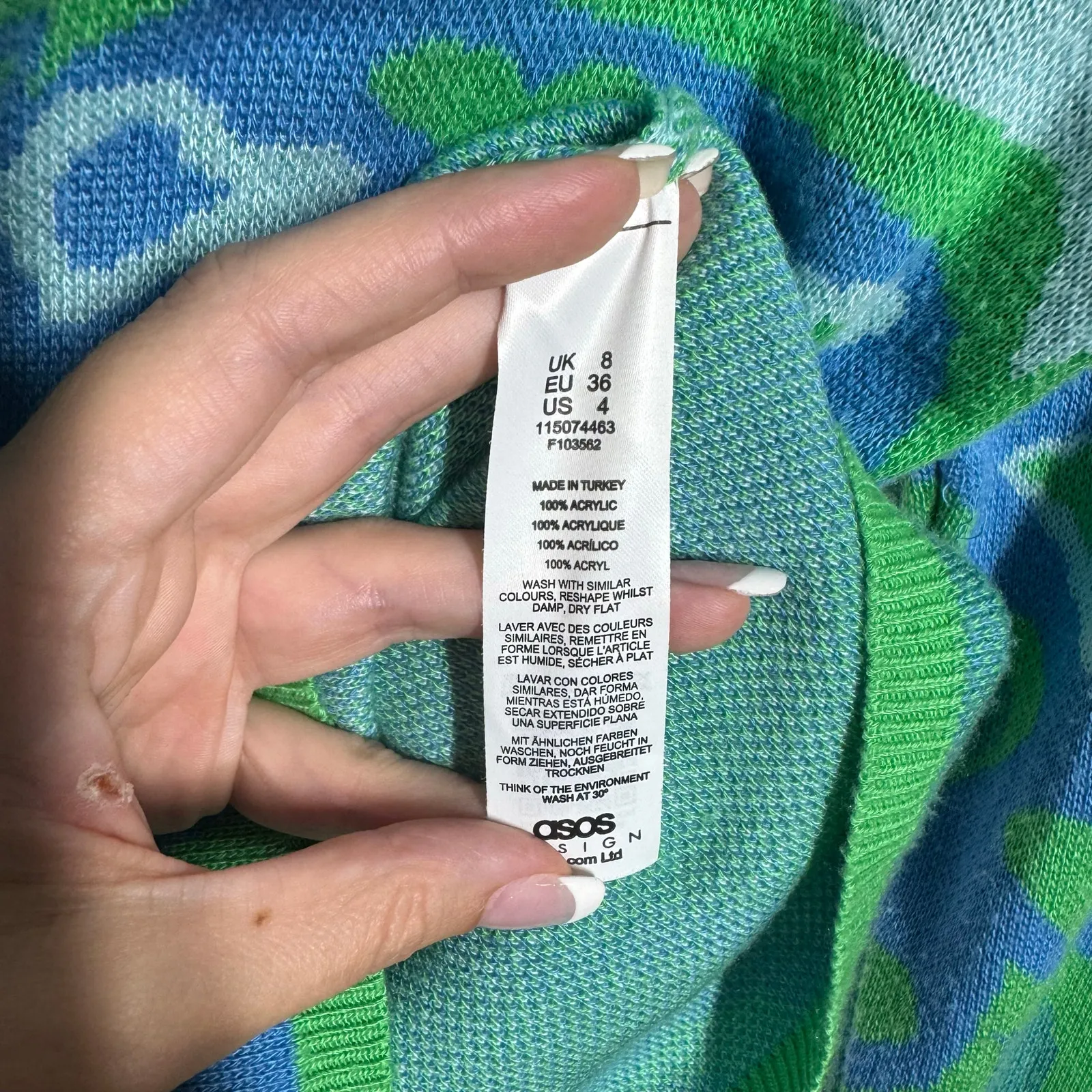 ASOS Design Top Women 4 Blue Green Wavy Heart Square Neck Lightweight 3/4 Sleeve - Image 6