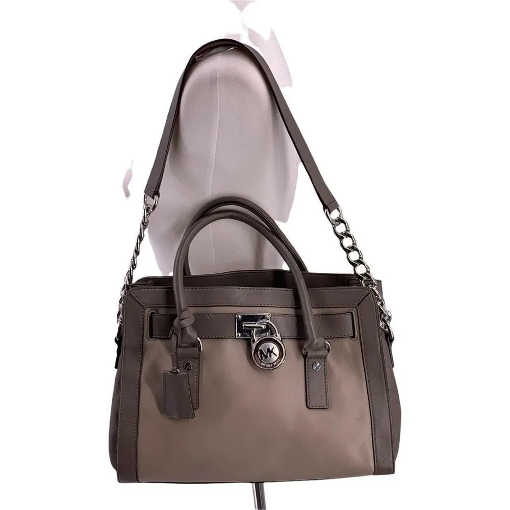 Michael Kors Taupe and Gray Leather Hamilton Silver Lock Satchel Large Handbag - Image 3
