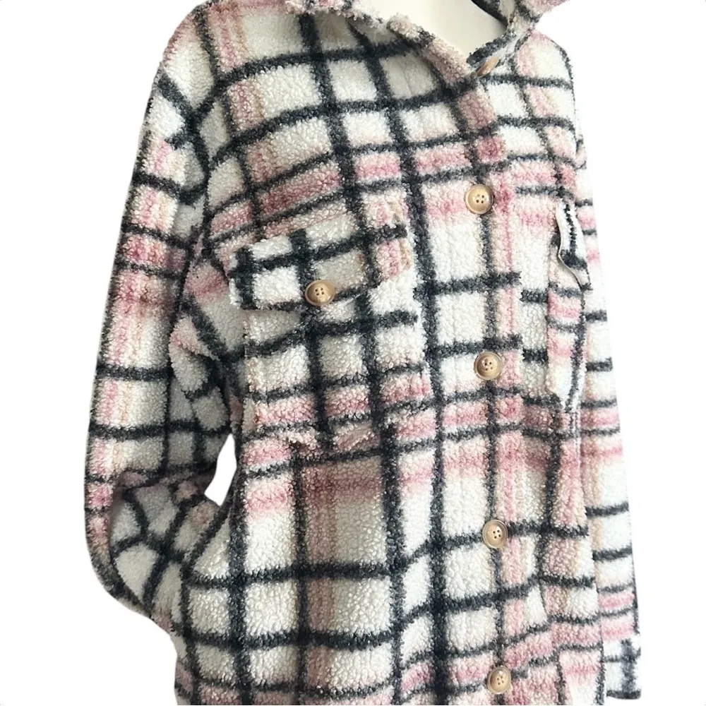 The Sweatshirt Project Plaid Fleece Button Up Pink & Black Shirt Jacket Sz Large - Image 5