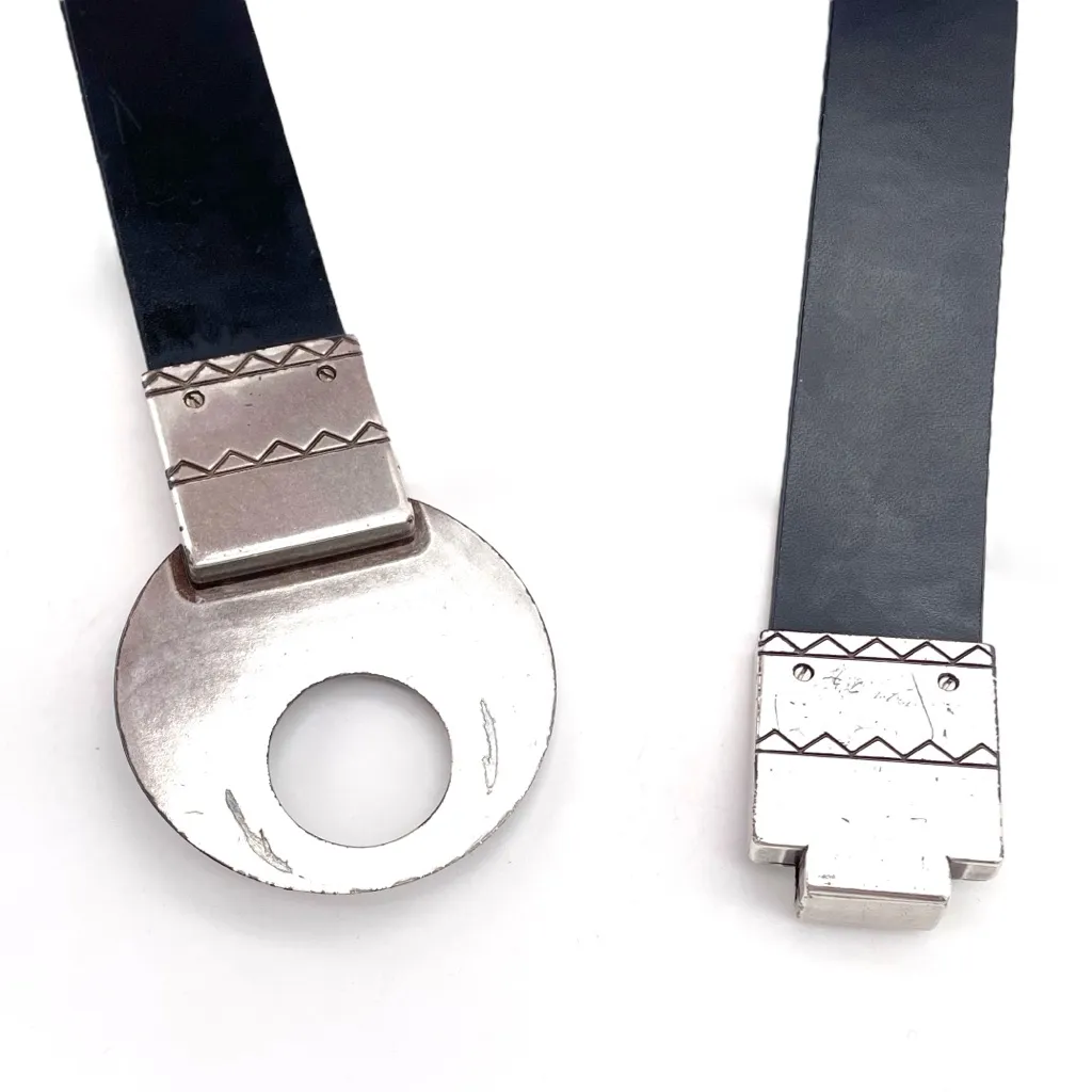 Chico’s Black Genuine Leather Belt SM Silver Round Medallion Buckle Boho Tribal - Image 7