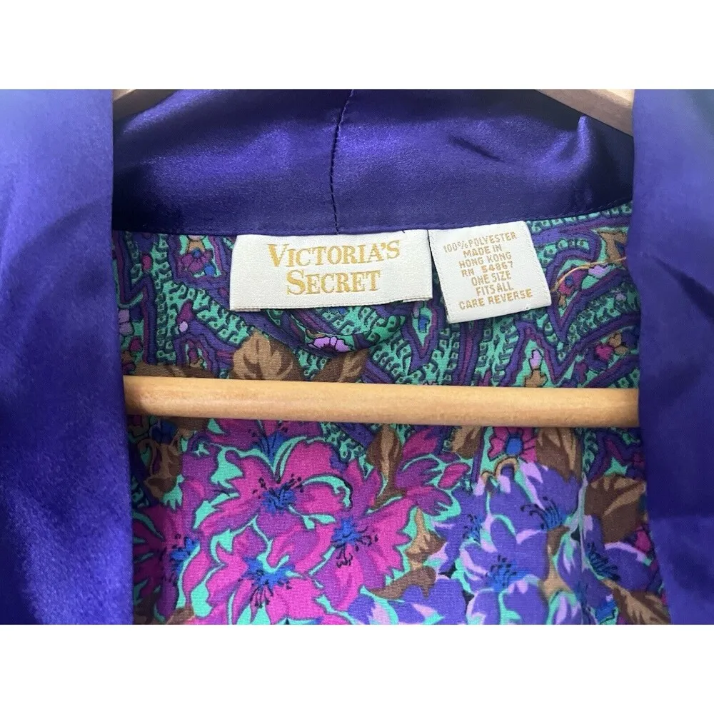 Victoria's Secret OS Vintage Gold Label Purple Green Floral Paisley Kimono Robe - Image 5
