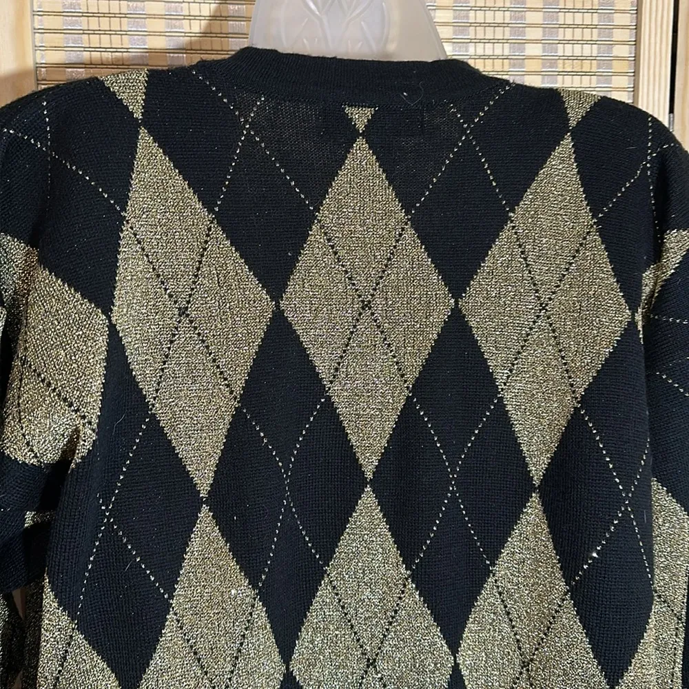 Loubella Vintage 1990s Y2K Black Metallic Gold Diamond Pattern Cardigan Medium - Image 12