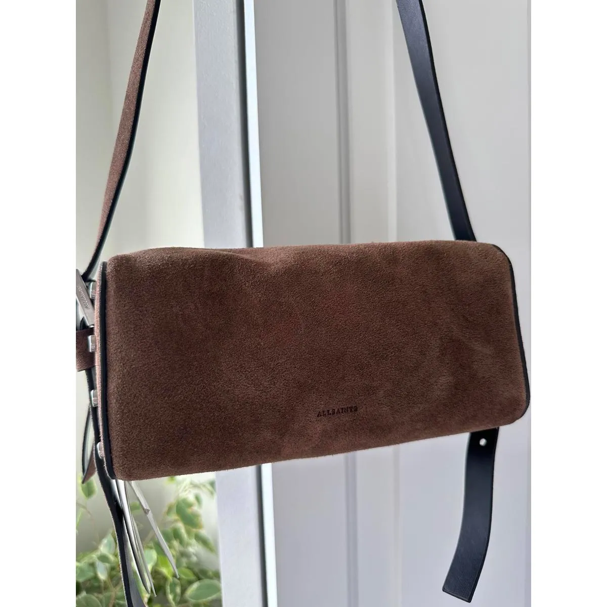 AllSaints Miro Leather Barrel Crossbody Shoulder Bag NWT Chestnut Brown Suede - Image 6
