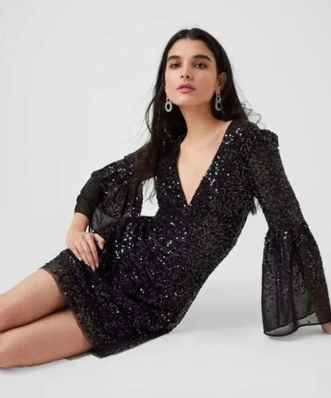 French Connection Women's Cellienne Sequin Bell Sleeve Laced Mini Black Dress 4 - Image 3