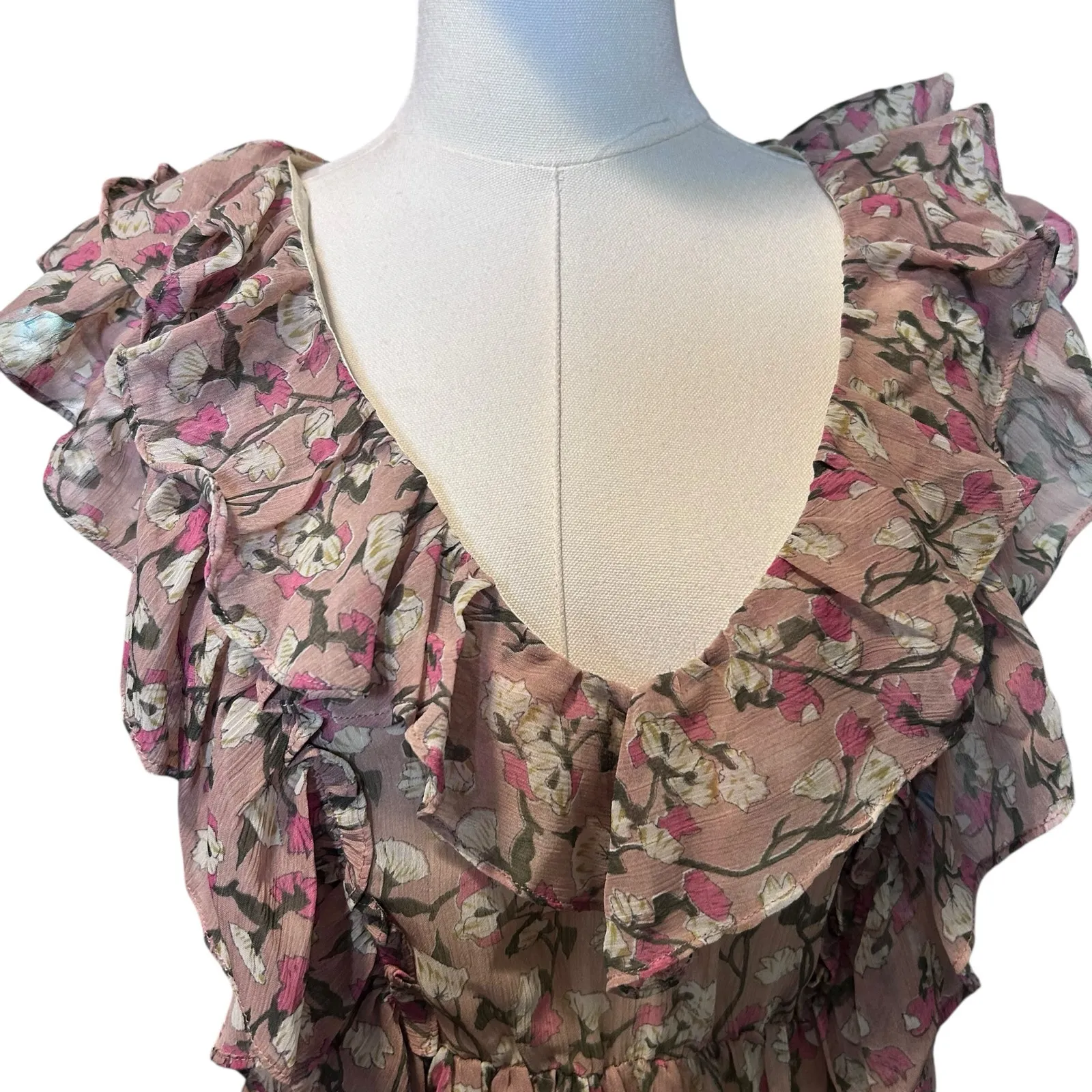 ARYN K. Dress Ruffles Y2K Blouson Sheer Lined Floral Fairy Boho SZ Sm Pinks - Image 3