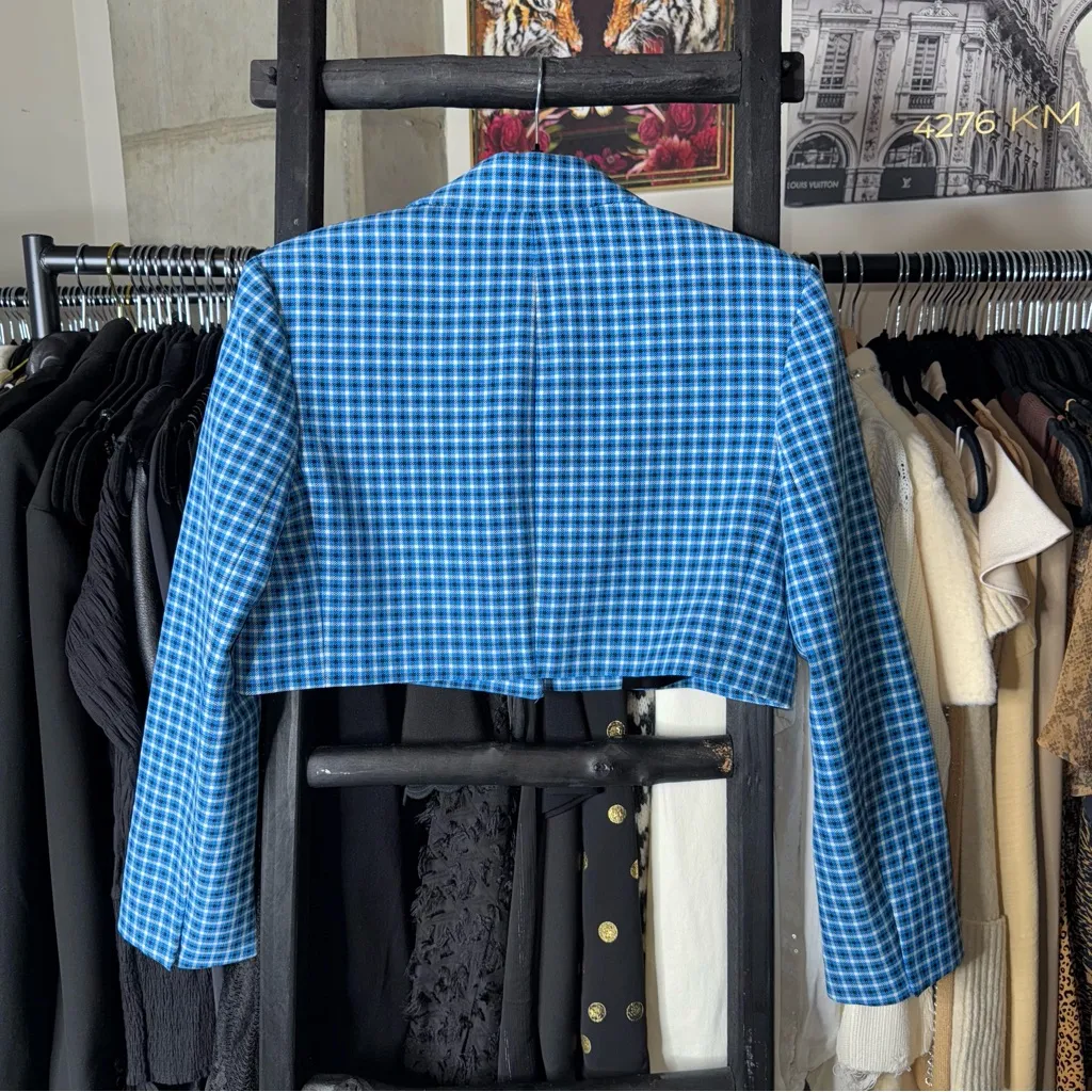 ZARA  Blue Houndstooth Cropped Blazer Jacket with Structured Fit Preppy Chic - Image 3