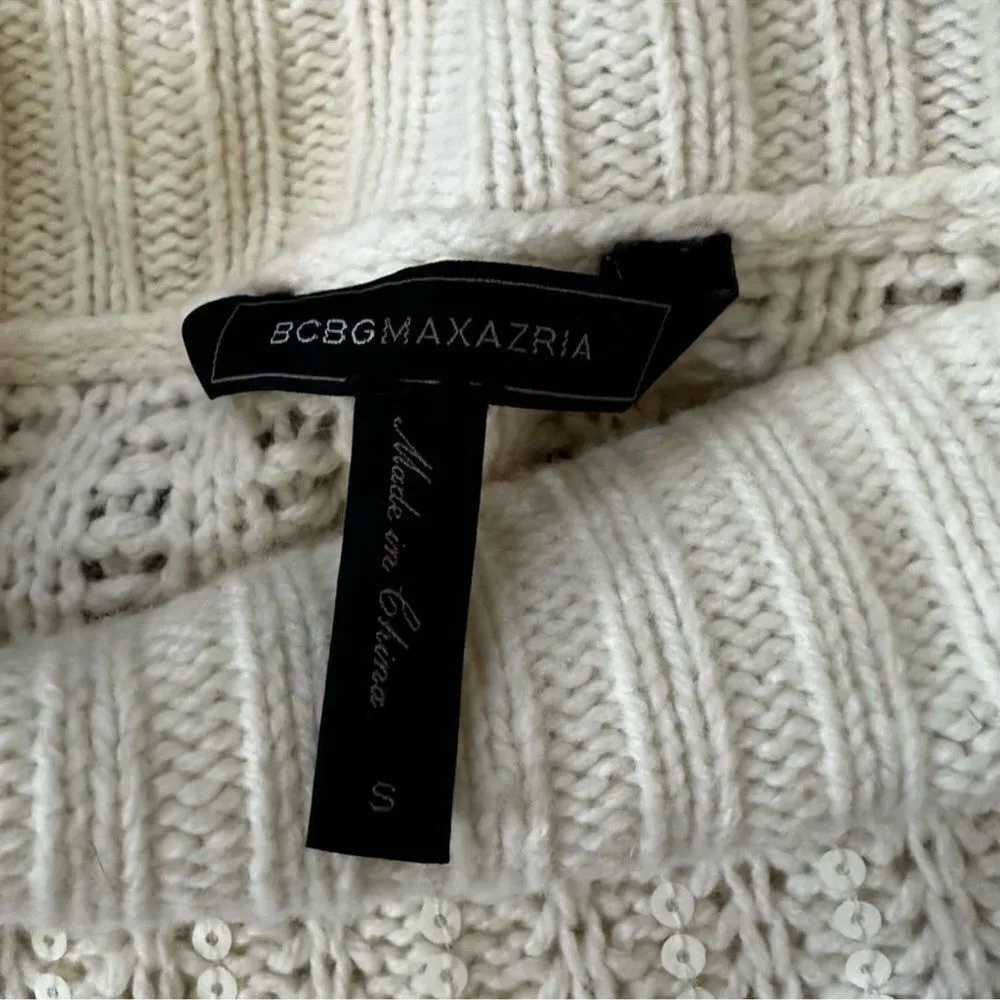 BCBGMaxAzria Gardenia Cream Sequin Merino Wool Mock Neck Tunic Sweater Sz Small - Image 5