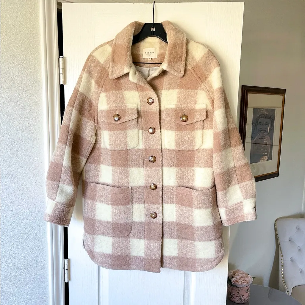 Sezane Joe Coat Shacket Buttoned Wool Blend Ecru Beige Check Size 2 EUC - Image 2