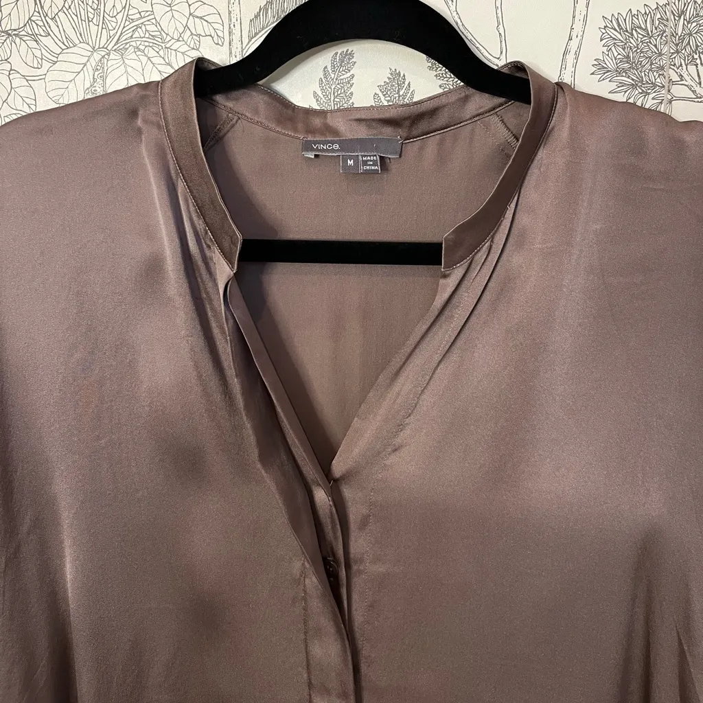 VINCE Split Neck Silk Blend  brown gray taupe Tunic top blouse mini dress M - Image 3