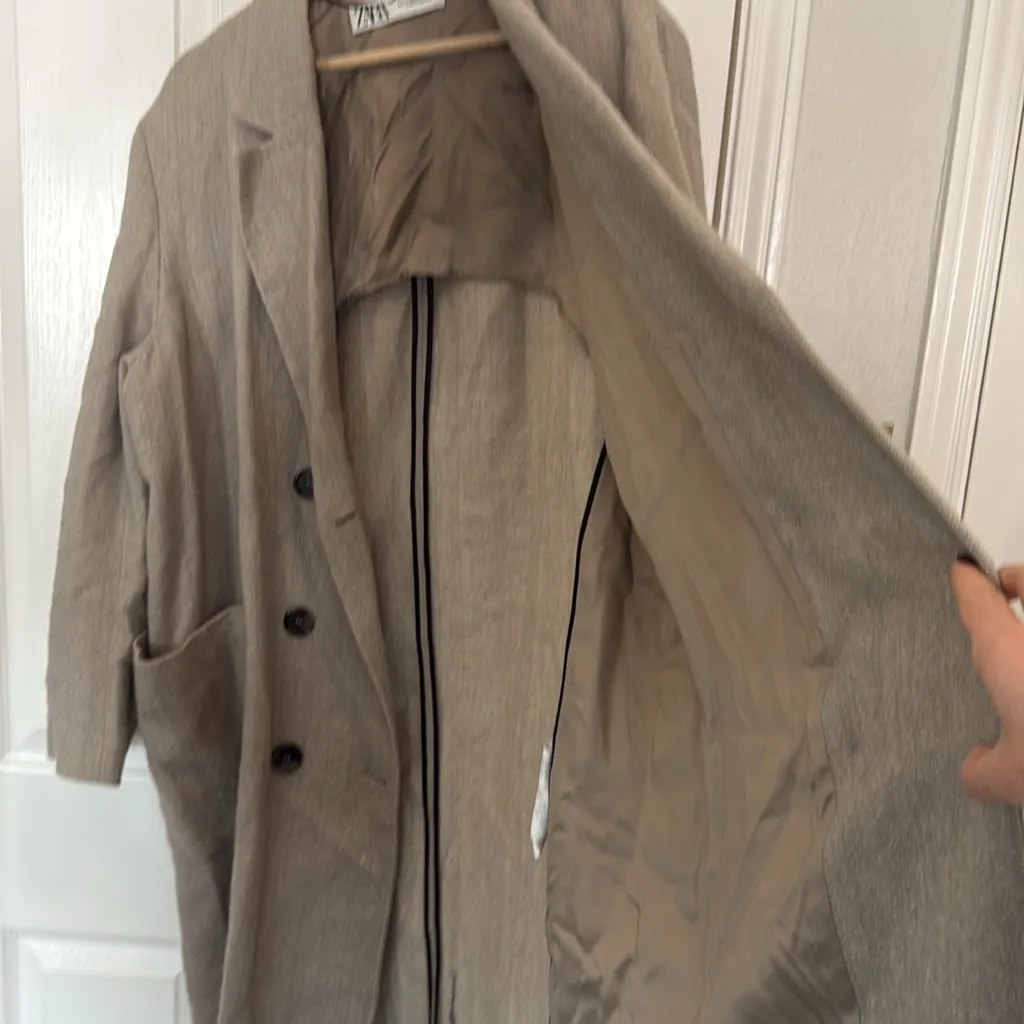 Zara double breasted tweed mid length coat greige - Image 10