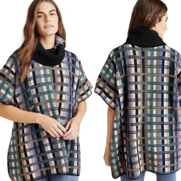 Aldomartins Anthropologie Gracie Poncho Sweater Plaid Turtleneck Dolman Wool M - Image 2