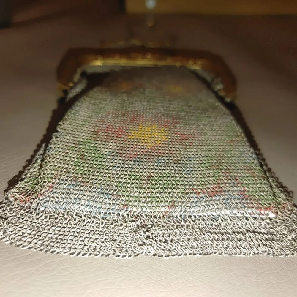 Vintage Whiting Davis Mesh Purse Chain Strap Gold Floral Frame Art Deco Bag - Image 3