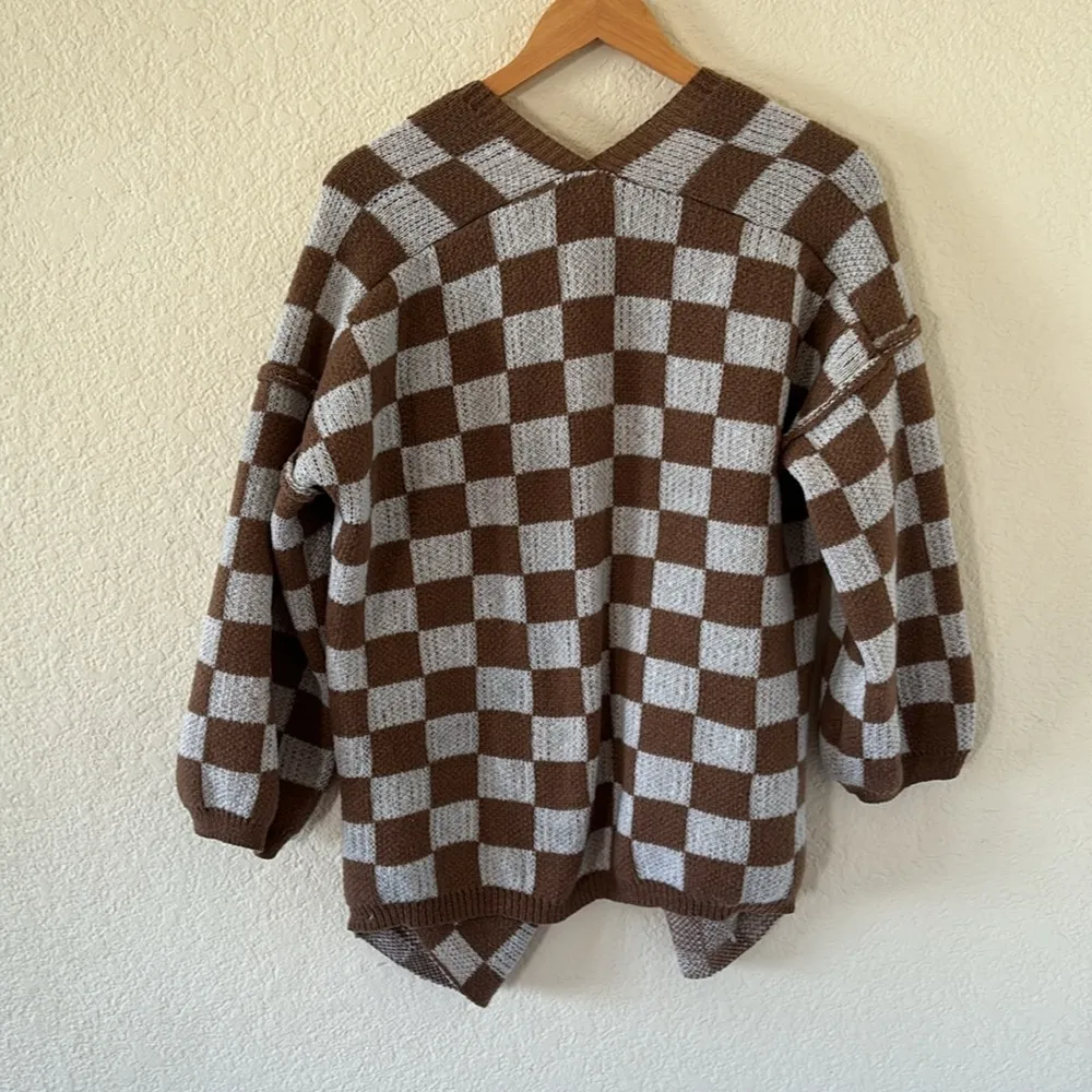 Checkered Knit cardigan sweater Tan Size M - Image 5