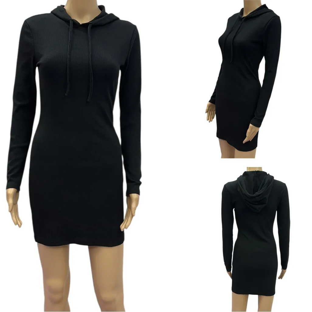 Ribbed Long Sleeve Black Hoodie Form Fit Mini Dress Womens Small - Image 2