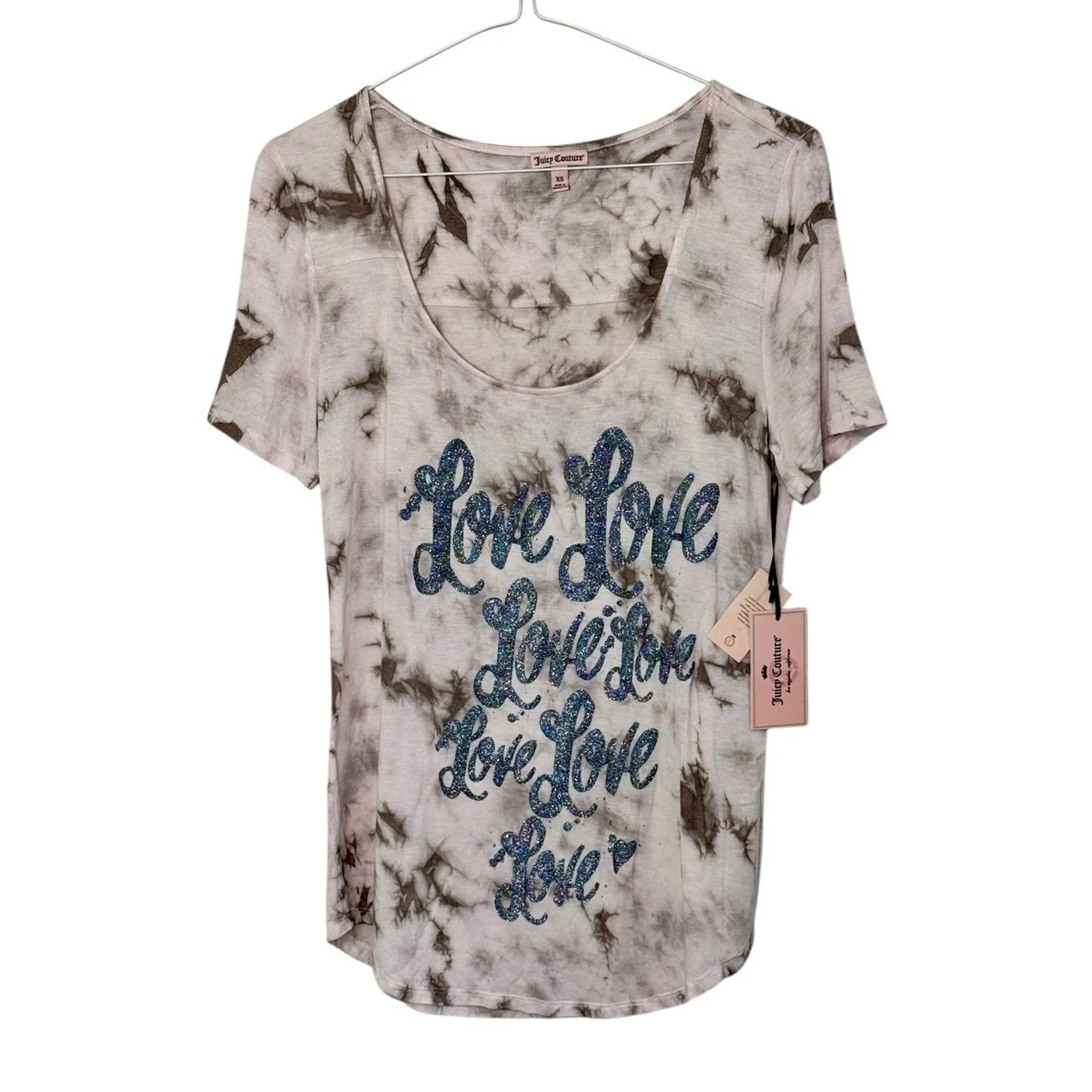 Y2K JUICY COUTURE Love Pink Tie Dye Glittery Sparkly Soft T Shirt Top Sz XS NWT - Image 2