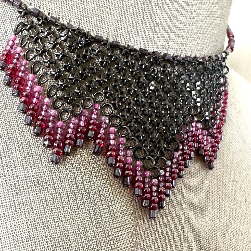 Guess Gunmetal Mesh & Beaded Choker Necklace | Pink Purple Seed Beads Statement - Image 3