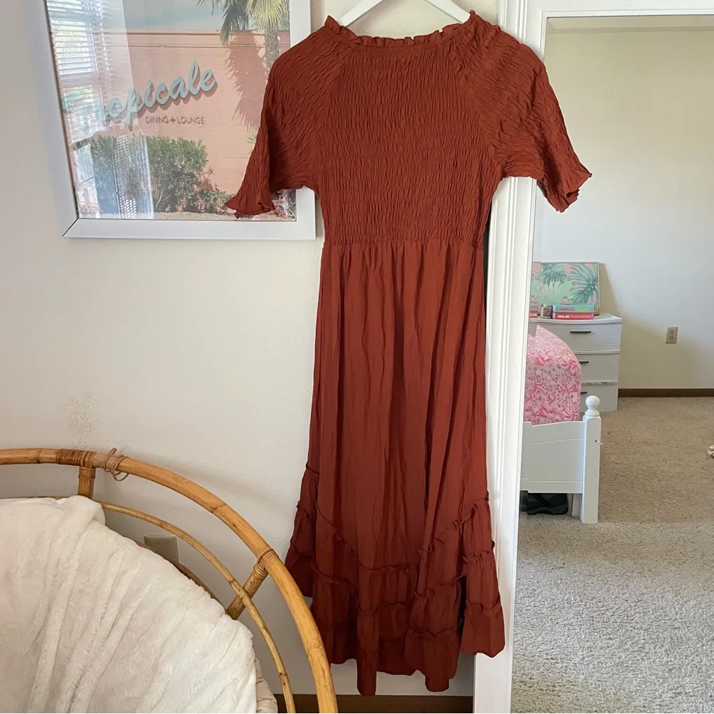 BOGO Polagram Smocked Crossover Wrap Chest Midi Dress in Brown Size Small - Image 4