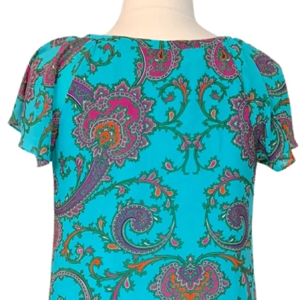 Nicole Miller Women's Dress Plus V Neck Teal Pink Paisley Shift Dress Size 14 - Image 8