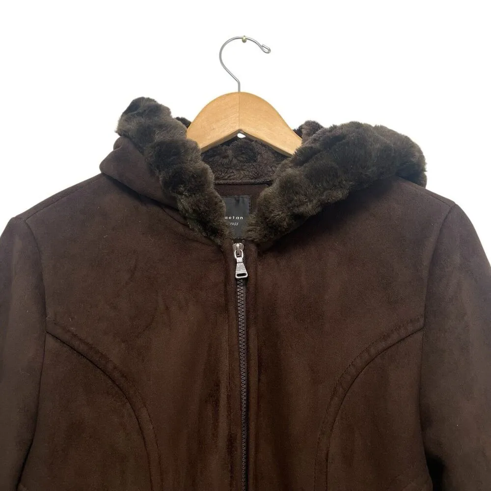 Braetan Faux Fur Shawl Collar Jacket Brown Suede Furry Lined Short Coat Sherpa M Size M - Image 5