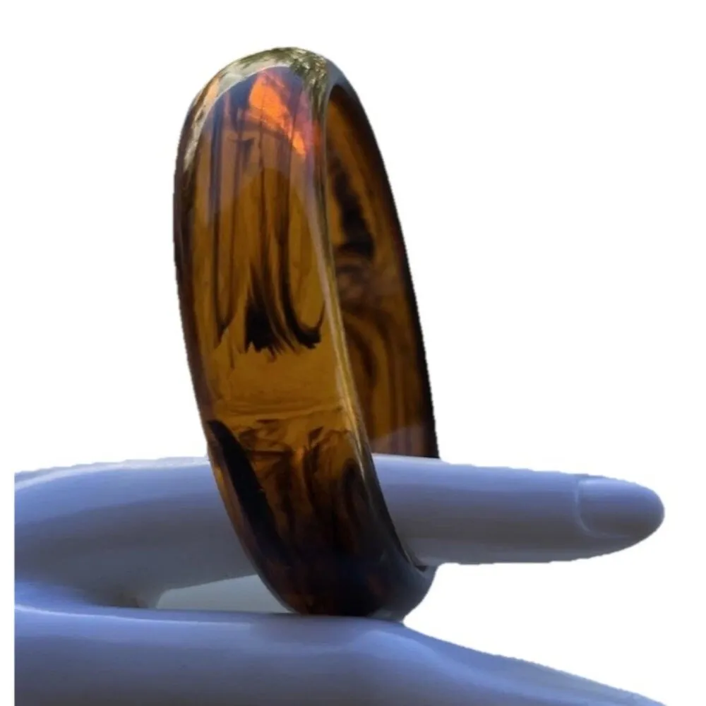 Vintage Tortoise Shell Lucite Bypass Bangle Bracelet Gold Metallic Stripes Sz 8” Brown - Image 2