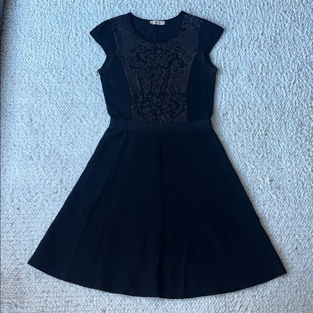 Rebecca Taylor Intarsia Knit Dress Fit & Flare Crew Neck Cap Sleeve Black Small - Image 4