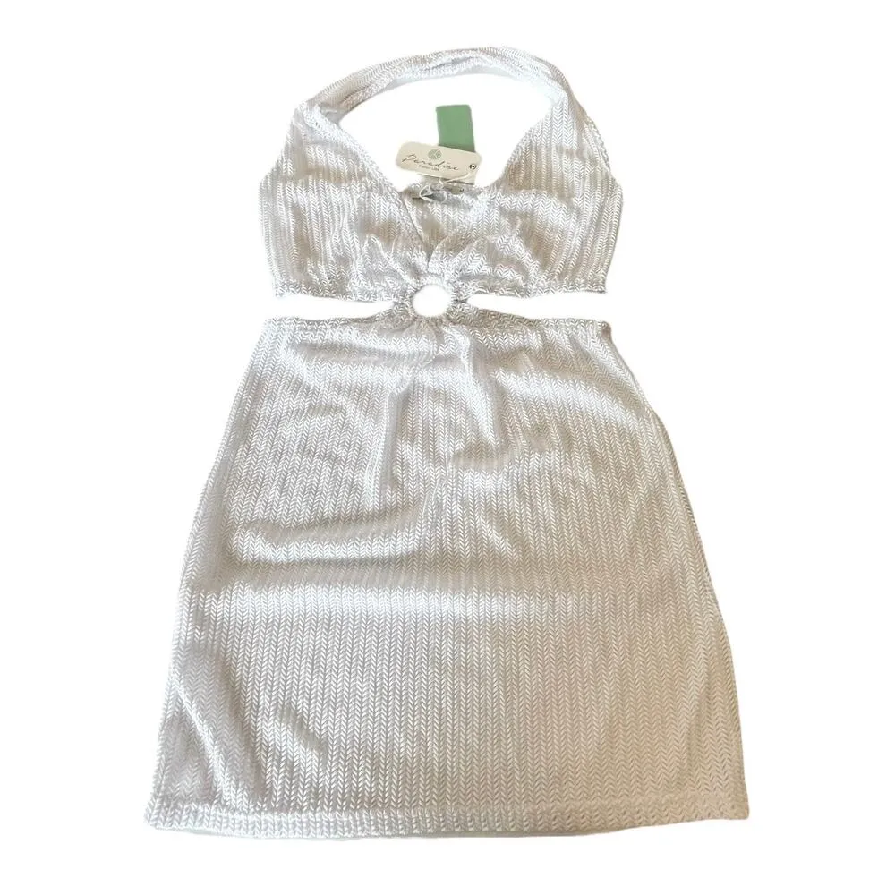 NEW Cut Out Crochet Beach COVER UP DRESS White Swim Bodycon MED Plunge Halter - Image 8