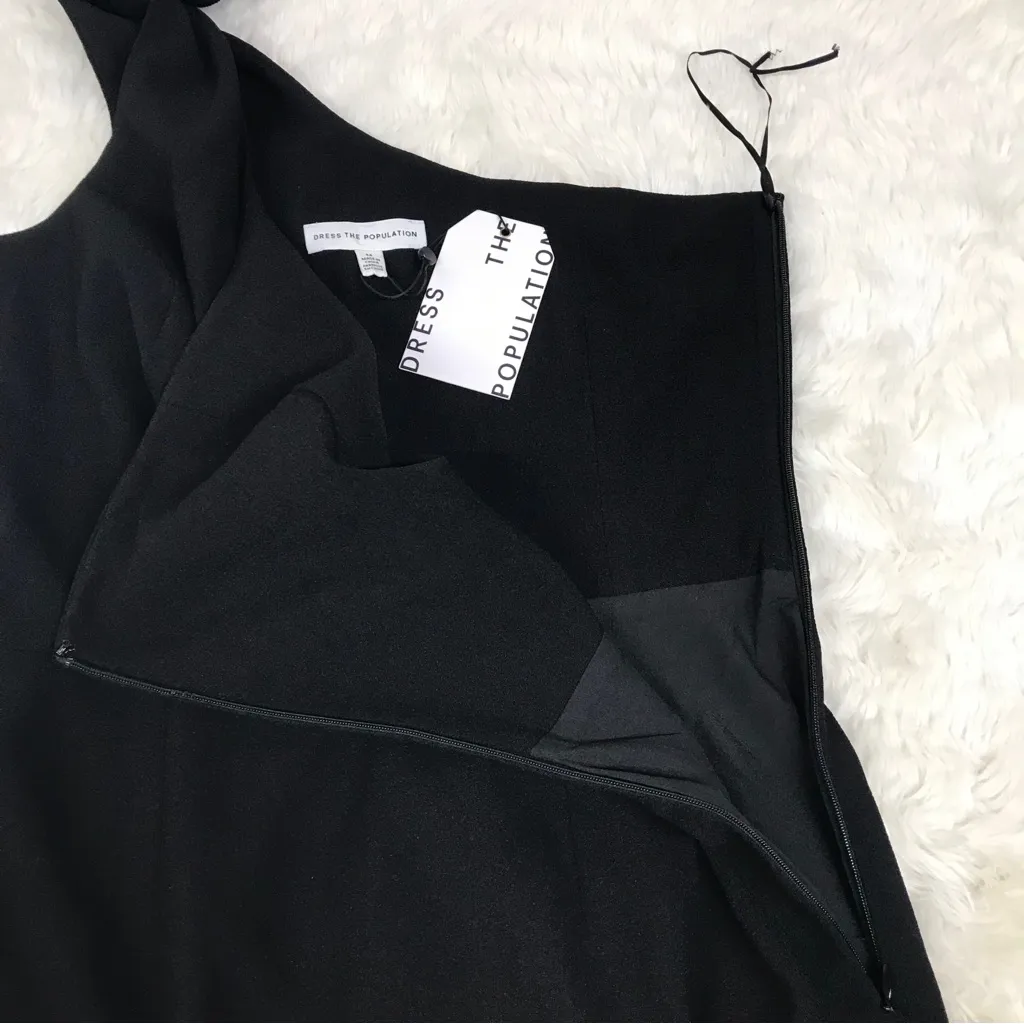 DRESS THE POPULATION TIffany Black One Shoulder Midi Dress Cocktail Party Medium - Image 9